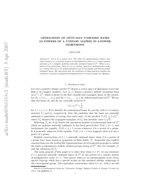 (PDF) Generation of Mutually Unbiased Bases as Powers of a Unitary ...