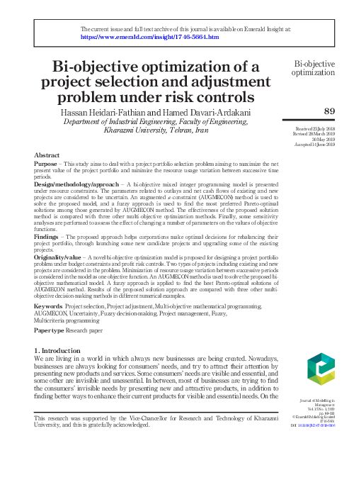 (PDF) Bi-objective optimization of a project selection and adjustment ...