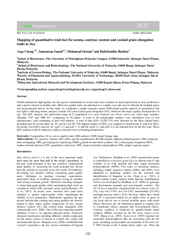 (PDF) Mapping of quantitative trait loci for aroma, amylose content and ...