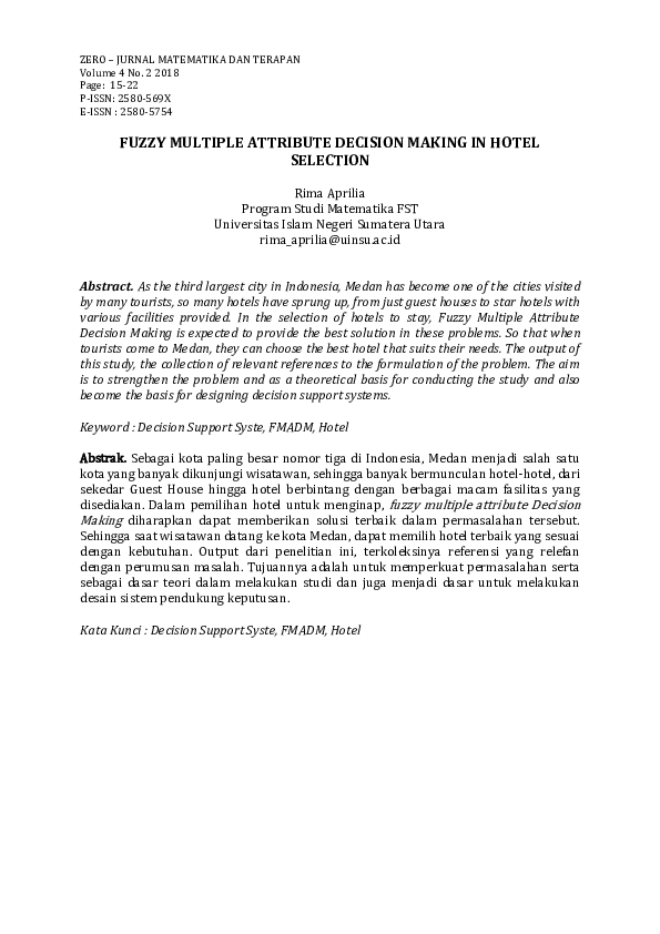 (PDF) Fuzzy Multiple Attribute Decision Making in Hotel Selection