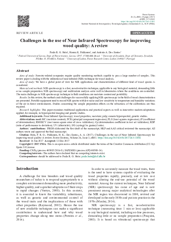 (PDF) Challenges in the use of Near Infrared Spectroscopy for improving wood quality A review