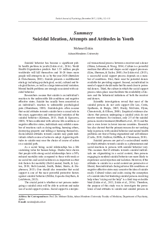 (PDF) Suicidal Ideation, Attempts and Attitudes in Youth