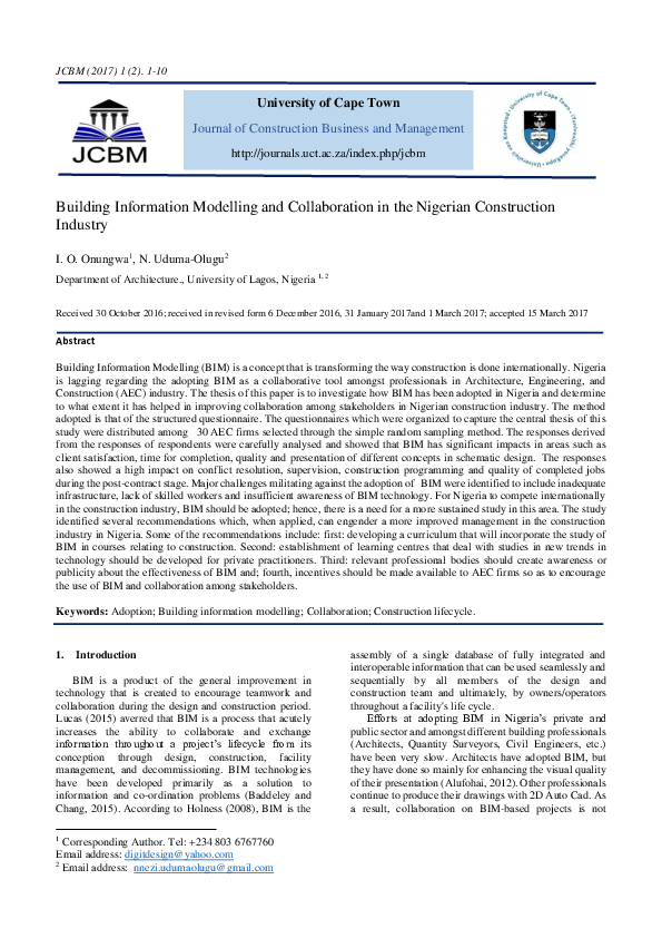 (PDF) Building Information Modelling and Collaboration in the Nigerian ...