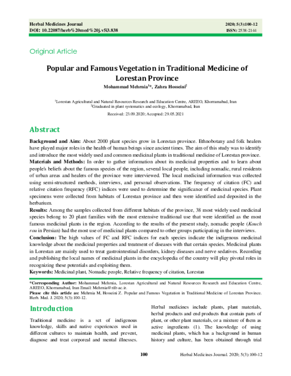 (PDF) Popular and Famous Vegetation in Traditional Medicine of Lorestan
