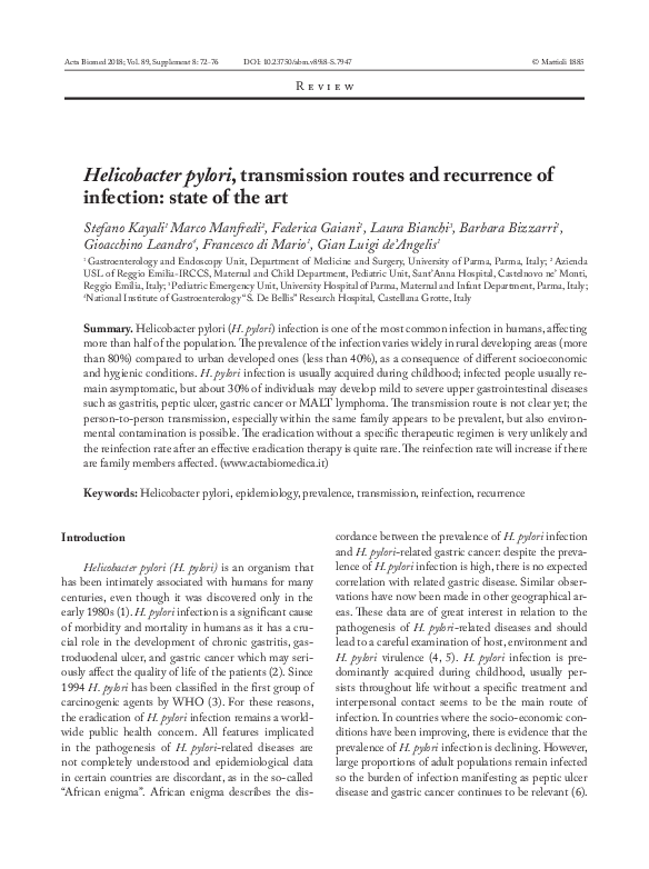 (PDF) Helicobacter pylori, transmission routes and recurrence of