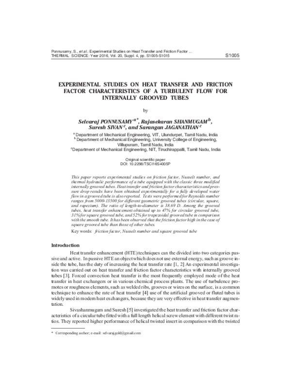 (PDF) ON HEAT TRANSFER AND FRICTION FACTOR CHARACTERISTICS OF A ...