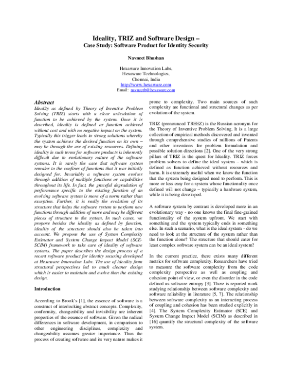  PDF Ideality TRIZ And Software Design Case Study Software Product 