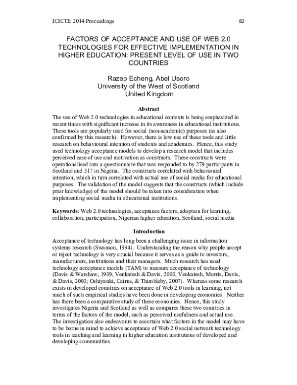 (PDF) Factors of Acceptance and Use of Web 2.0 Technologies for ...