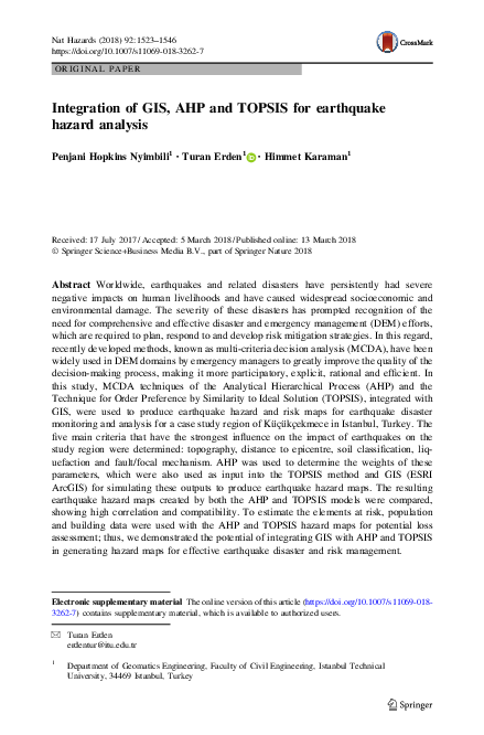 (PDF) Integration of GIS, AHP and TOPSIS for earthquake hazard analysis