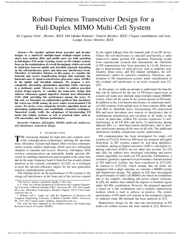 (PDF) Robust Fairness Transceiver Design for a Full-Duplex MIMO Multi ...