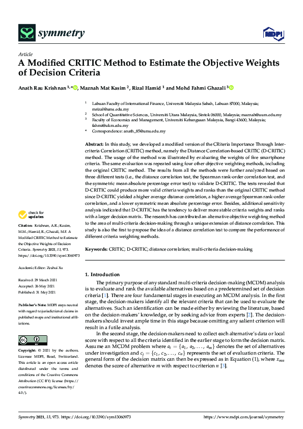 (PDF) A Modified CRITIC Method to Estimate the Objective Weights of ...