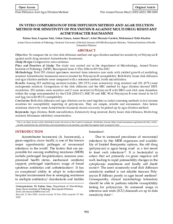 (PDF) In Vitro Comparison of Disk Diffusion Method and Agar Dilution ...