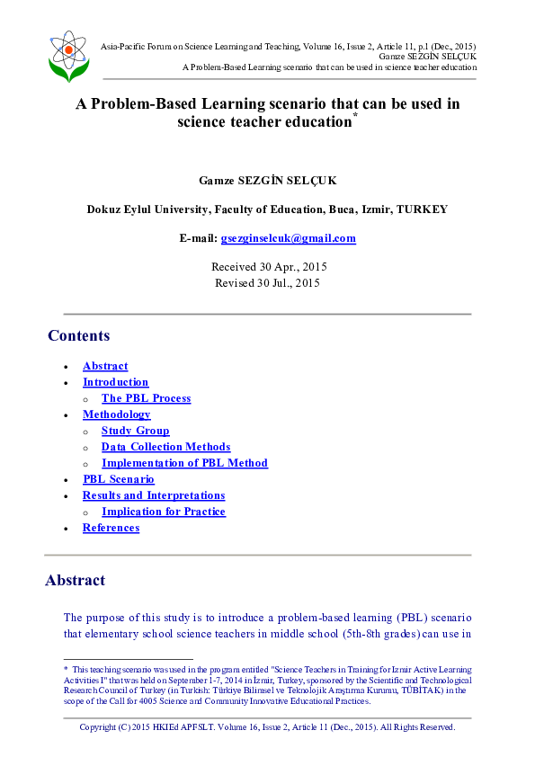 (PDF) A Problem-Based Learning Scenario That Can Be Used in Science ...