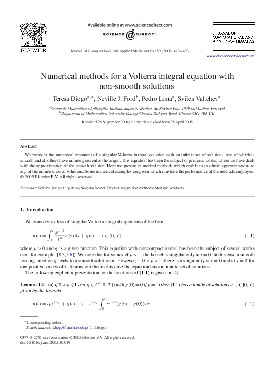 (PDF) Numerical methods for a Volterra integral equation with non ...