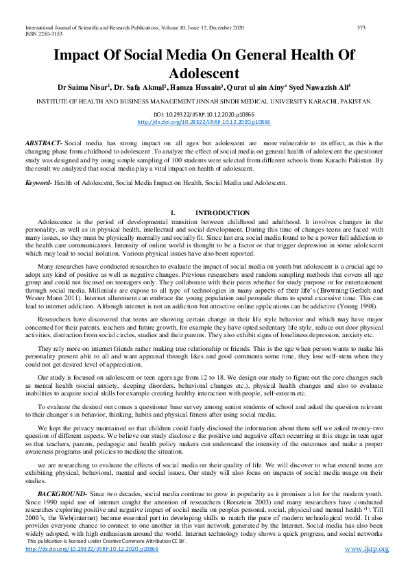 (PDF) Impact Of Social Media On General Health Of Adolescent