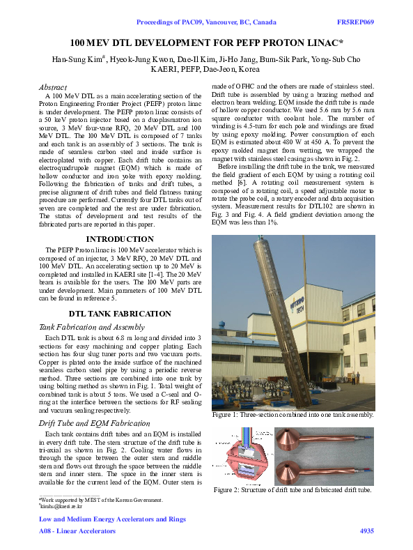 (PDF) 100 Mev DTL Development for Pefp Proton Linac
