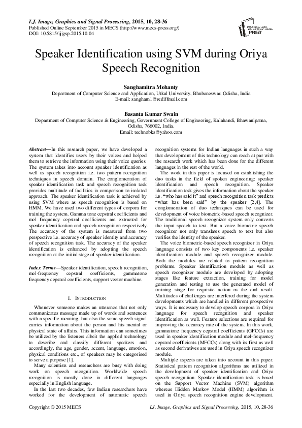 (PDF) Speaker Identification using SVM during Oriya Speech Recognition