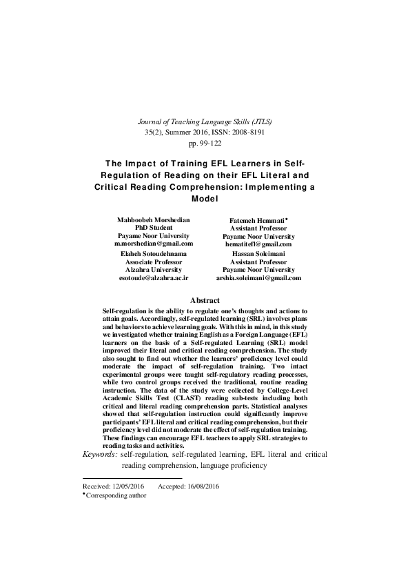 (PDF) The Impact of Training EFL Learners in Self- Regulation of ...