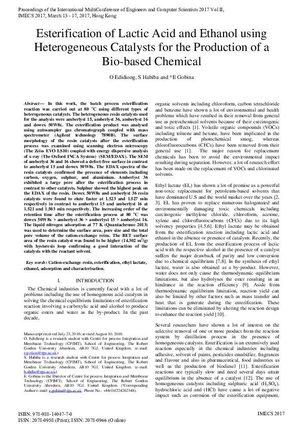(PDF) Esterification of lactic acid and ethanol using heterogenous ...