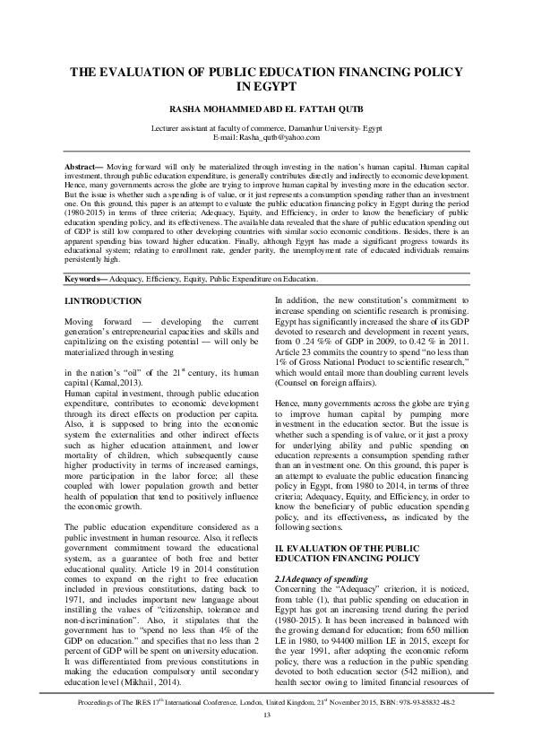 (PDF) The Evaluation of Public Education Financing Policy in Egypt