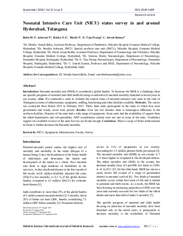 (PDF) Neonatal Intensive Care Unit (NICU) status survey in and around ...