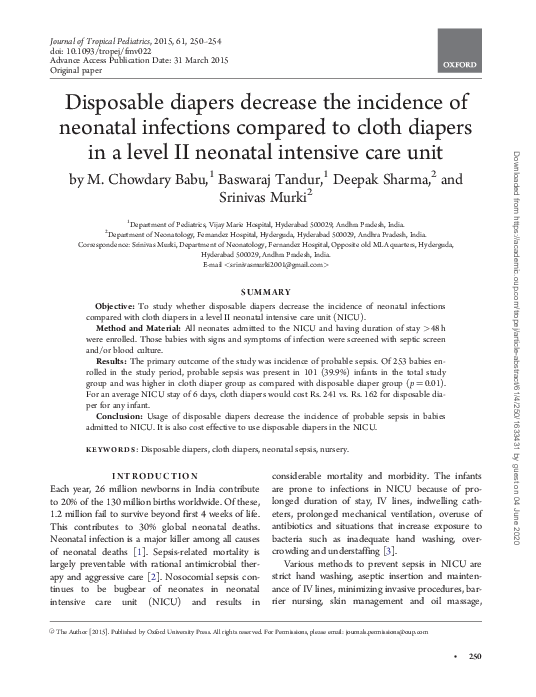 (PDF) Disposable diapers decrease the incidence of neonatal infections