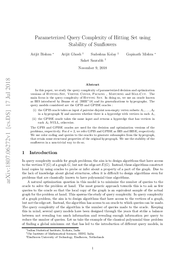 (PDF) Parameterized Query Complexity of Hitting Set using Stability of ...