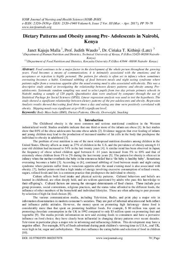 (PDF) Dietary Patterns and Obesity among Pre- Adolescents in Nairobi, Kenya