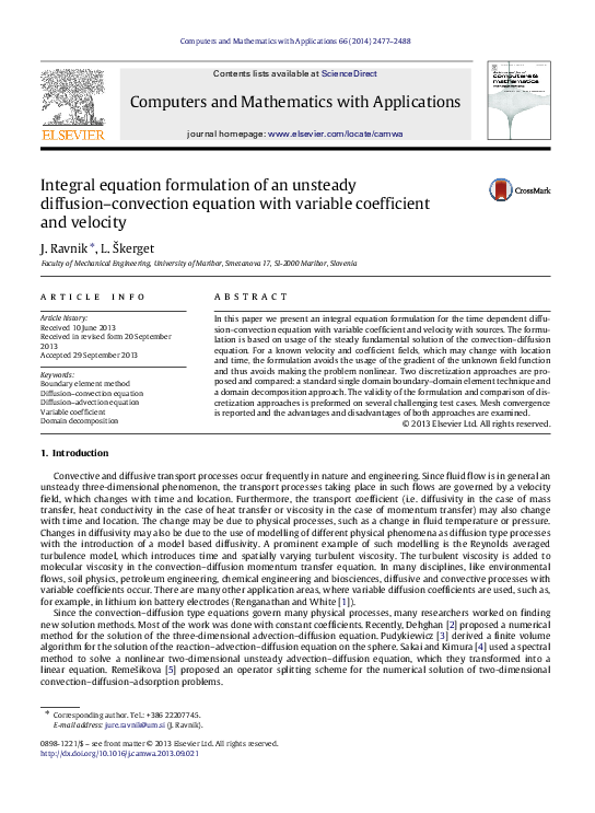 (PDF) Integral equation formulation of an unsteady diffusion–convection ...