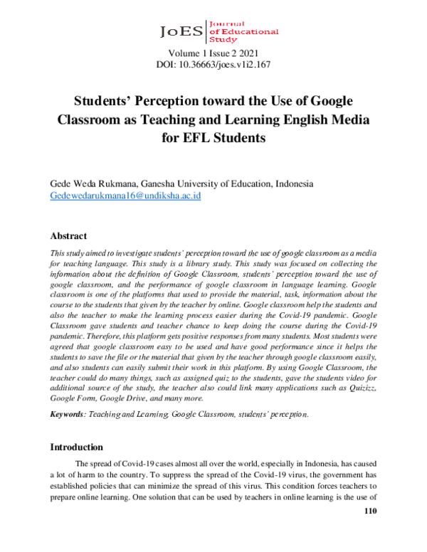 (PDF) Students’ Perception toward the Use of Google Classroom as ...