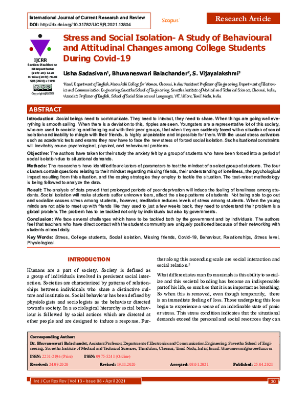 (PDF) Stress and Social Isolation- A Study of Behavioural and ...