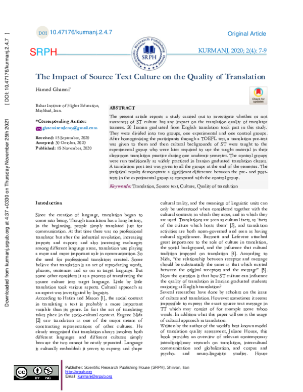 (PDF) The Impact of Source Text Culture on the Quality of Translation