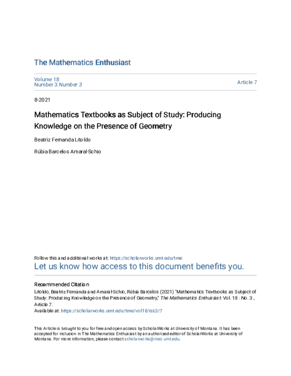 (PDF) Mathematics Textbooks as Subject of Study: Producing Knowledge on ...