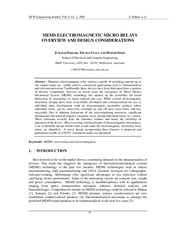 (PDF) Mems Electromagnetic Micro Relays Overview and Design Considerations