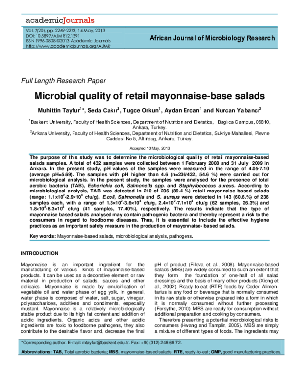 PDF) Microbial quality of retail mayonnaise-base salads