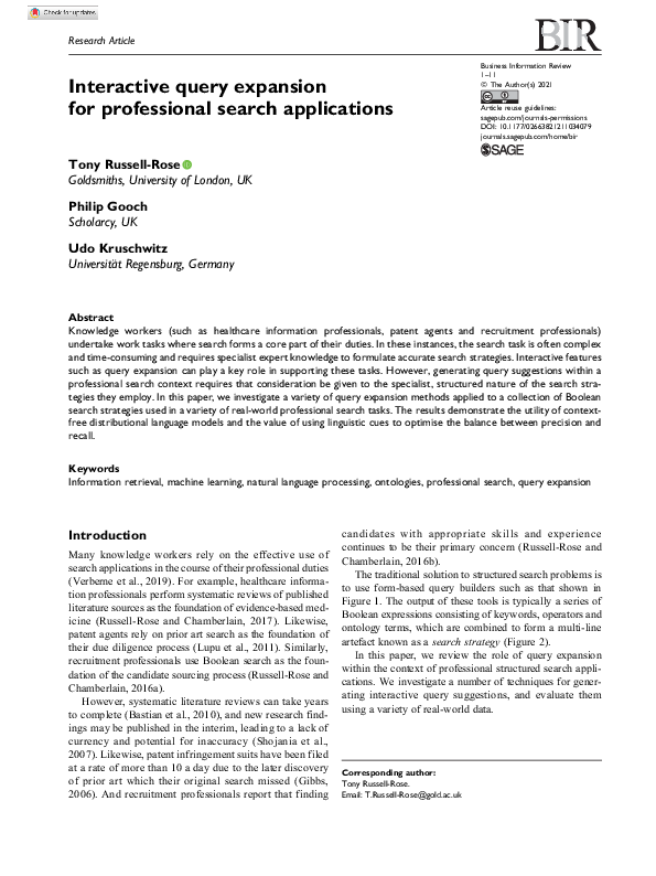 (PDF) Interactive query expansion for professional search applications