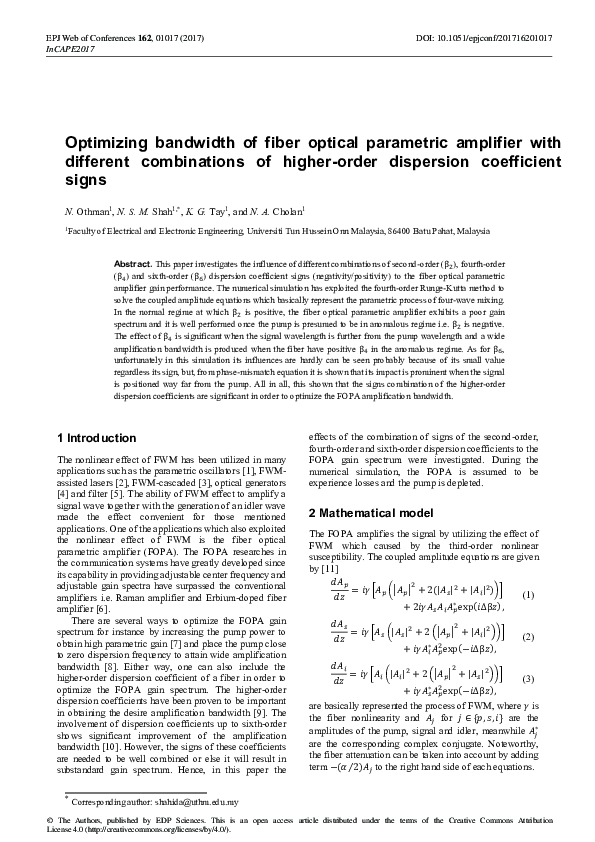 (PDF) Optimizing bandwidth of fiber optical parametric amplifier with ...