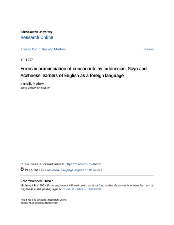 (PDF) Errors in pronunciation of consonants by Indonesian, Gayo and ...