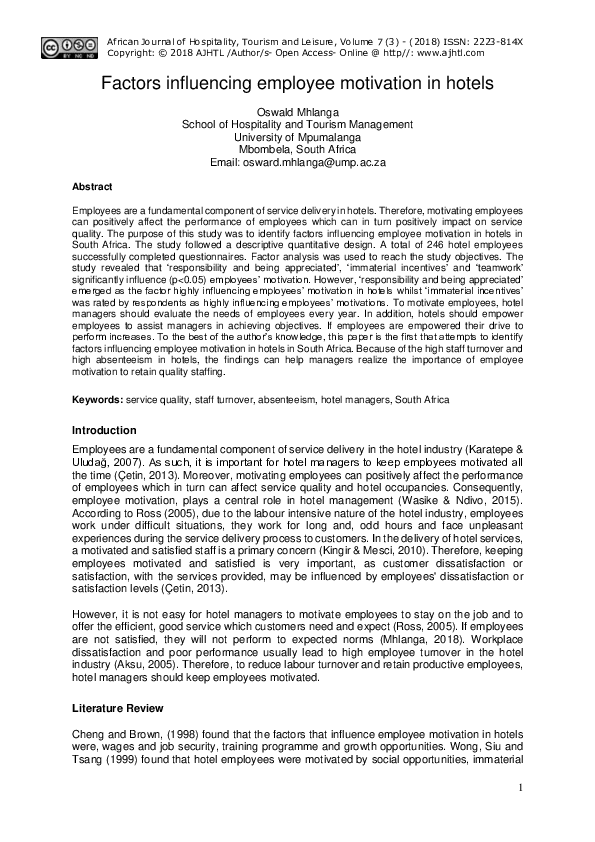 (PDF) Factors influencing employee motivation in hotels