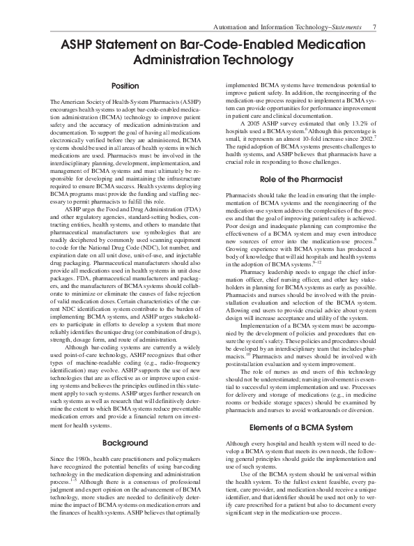 (PDF) ASHP Statement on Bar-Code-Enabled Medication Administration ...