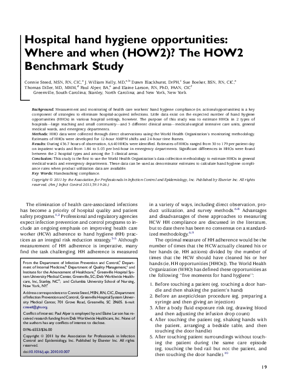 (PDF) Hospital hand hygiene opportunities Where and when (HOW2)? The