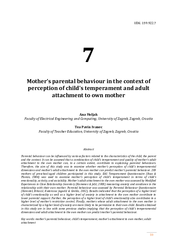 (PDF) Mother’s parental behaviour in the context of perception of child ...