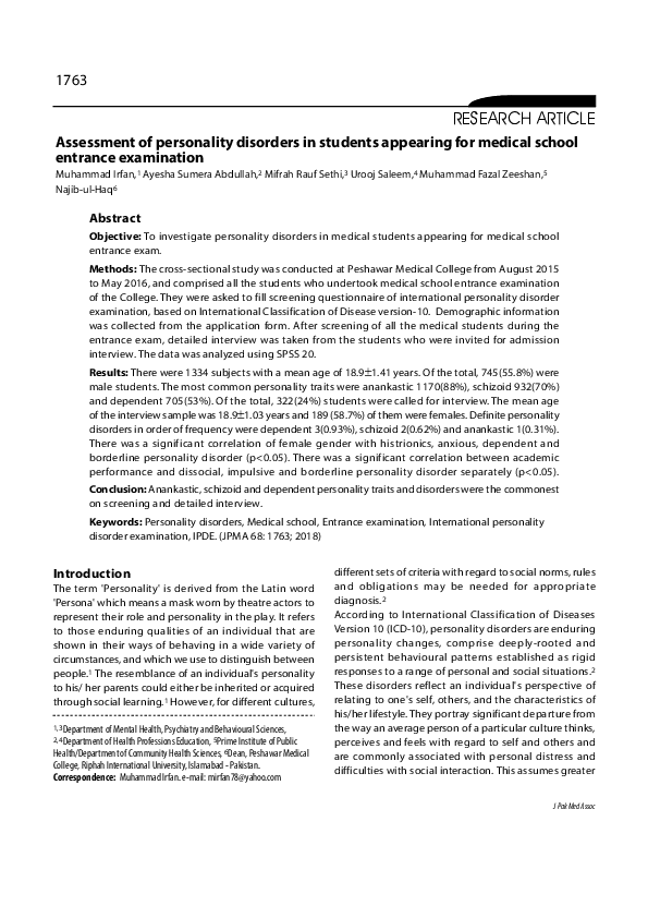 (PDF) Assessment of personality disorders in students appearing for ...