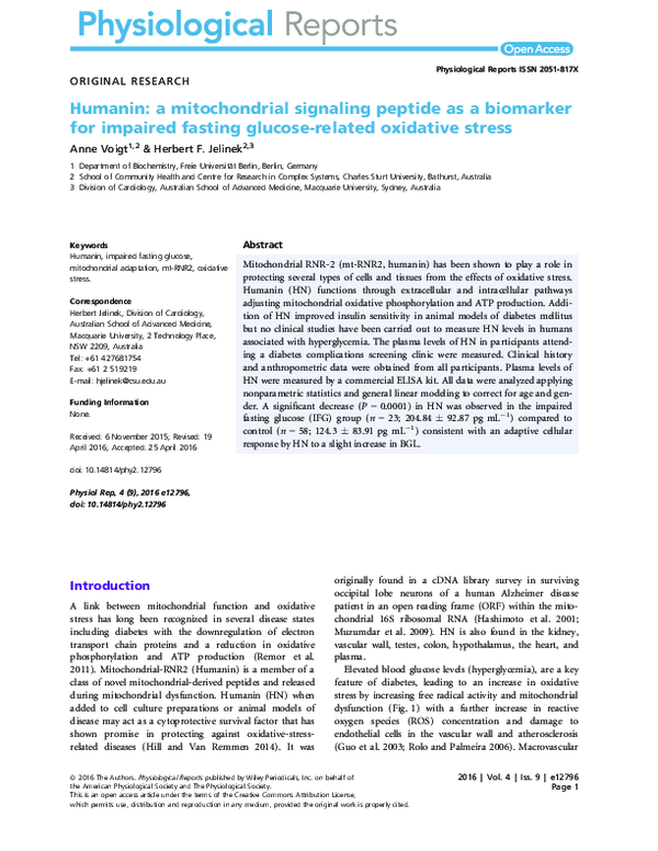 (PDF) Humanin: a mitochondrial signaling peptide as a biomarker for ...