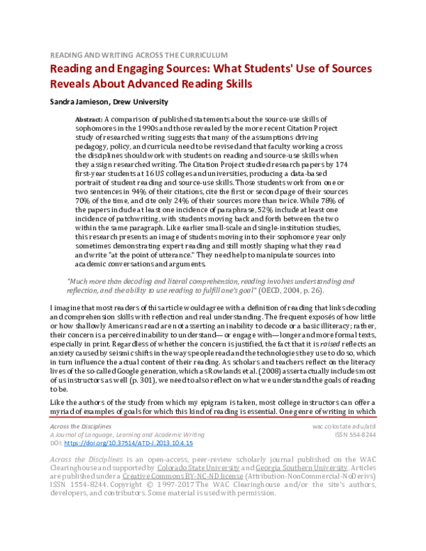 (PDF) Reading and Engaging Sources: What Students' Use of Sources ...