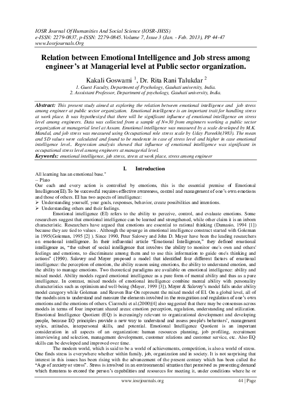 (PDF) Relation between Emotional Intelligence and Job stress among ...