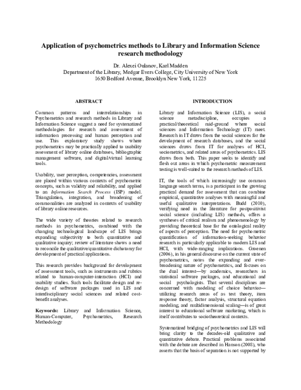 (PDF) Application of psychometrics methods to Library and Information ...