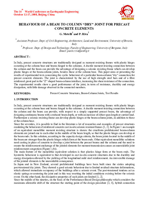 (PDF) Behaviour of a beam to column “dry” joint for precast concrete ...