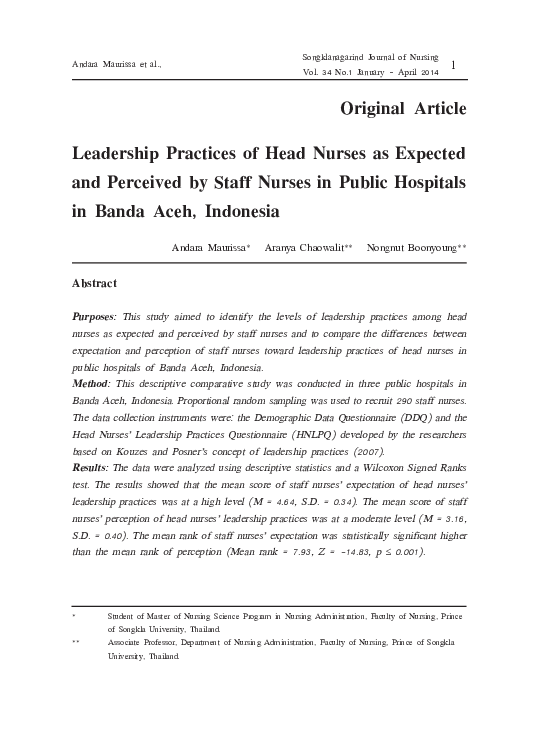(PDF) Leadership Practices of Head Nurses as Expected and Perceived by ...