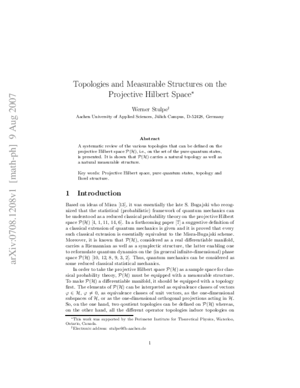 (PDF) Topologies and Measurable Structures on the Projective Hilbert Space